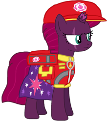 Size: 893x1020 | Tagged: safe, artist:徐詩珮, imported from derpibooru, fizzlepop berrytwist, tempest shadow, pony, unicorn, series:sprglitemplight diary, series:sprglitemplight life jacket days, series:springshadowdrops diary, series:springshadowdrops life jacket days, aid marshall (paw patrol), alternate universe, base used, broken horn, clothes, cute, cutie mark, cutie mark on clothes, dress, eye scar, eyelashes, female, frown, hat, horn, mare, marshall (paw patrol), paw patrol, scar, simple background, solo, tempest shadow is not amused, transparent background, unamused