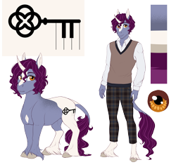 Size: 3421x3256 | Tagged: safe, artist:askbubblelee, imported from derpibooru, oc, oc only, oc:keystone quartz, anthro, unguligrade anthro, unicorn, clothes, colt, digital art, horn, leonine tail, male, pants, reference sheet, solo, unicorn oc, vest