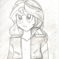 Size: 1038x1038 | Tagged: safe, alternate version, artist:miss_astrid_, imported from derpibooru, sunset shimmer, equestria girls, bust, clothes, female, frown, irl, jacket, lineart, photo, simple background, solo, traditional art, white background