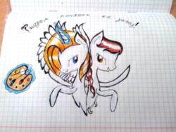 Size: 1280x960 | Tagged: safe, artist:kiwwsplash, imported from derpibooru, oc, oc only, pegasus, pony, unicorn, braid, bust, duo, glowing horn, graph paper, horn, magic, palette, pegasus oc, telekinesis, text, traditional art, unicorn oc, wings