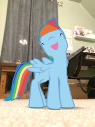 Size: 2456x3272 | Tagged: safe, imported from derpibooru, rainbow dash, pony, augmented reality, bedroom, cute, dashabetes, gameloft, happy, irl, perspective, photo, solo