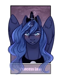 Size: 524x642 | Tagged: safe, alternate version, artist:loni_ee_, imported from derpibooru, princess luna, alicorn, pony, bust, female, glowing horn, horn, jewelry, mare, peytral, solo, tiara