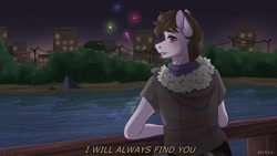 Size: 1080x608 | Tagged: safe, artist:loni_ee_, imported from derpibooru, oc, oc only, anthro, earth pony, building, clothes, earth pony oc, fireworks, frown, lake, male, night, outdoors, redraw, signature, solo, stars, talking, tree