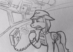 Size: 3148x2251 | Tagged: artist needed, source needed, safe, imported from derpibooru, oc, oc only, oc:red glare, pegasus, pony, fallout equestria, /foe/, clothes, enclave, fanfic art, female, grand pegasus enclave, mare, microphone, monochrome, solo, traditional art, uniform