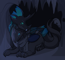 Size: 1470x1355 | Tagged: safe, imported from derpibooru, oc, oc:sol, oc:stormrunner, changeling, changeling behemoth, cave, clothes, cuddling, cute, dark, scarf, stalagmite