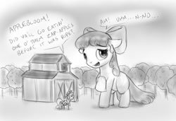 Size: 850x583 | Tagged: safe, artist:alloyrabbit, imported from derpibooru, apple bloom, applejack, earth pony, pony, apple bloom's bow, barn, blatant lies, bow, female, filly, giant pony, hair bow, macro, mare, monochrome, size difference, tree