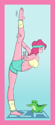 Size: 1200x2700 | Tagged: safe, artist:lzh, imported from derpibooru, gummy, pinkie pie, equestria girls, bandeau, barefoot, belly button, breasts, carpet, clothes, eyes closed, feet, female, flexible, gym uniform, midriff, peace sign, plushie, stretching, sweatband, yoga