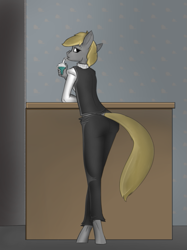 Size: 527x703 | Tagged: safe, artist:queen-razlad, imported from derpibooru, oc, oc only, oc:trestle, anthro, unguligrade anthro, ass, bootie, butt, drinking, looking at you, looking back, male, sipping, solo, thick, waiter