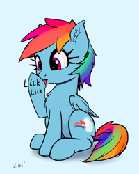 Size: 2233x2788 | Tagged: safe, artist:xbi, imported from derpibooru, rainbow dash, pegasus, pony, behaving like a cat, blue background, chest fluff, cute, dashabetes, ear fluff, female, hoof licking, licking, simple background, sitting, solo