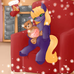 Size: 1024x1024 | Tagged: safe, artist:dark_nidus, imported from derpibooru, teddy, oc, oc:teddy, pony, armchair, chair, christmas, clothes, commission, fireplace, holiday, socks, teddy bear, toy, ych result