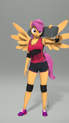 Size: 1080x1920 | Tagged: safe, artist:spinostud, imported from derpibooru, scootaloo, anthro, pegasus, 3d, beautiful, beautisexy, clothes, elbow pads, gym shorts, knee pads, nail polish, orange fur, orange wings, pose, purple eyes, purple mane, purple shoes, purple tail, sexy, shadow, shoes, short mane, shorts, side slit, skateboard, sneakers, source filmmaker, sports shorts, spread wings, standing, tanktop, teenager, tongue out, watermark, wings