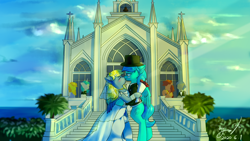 Size: 1920x1080 | Tagged: safe, artist:ninebuttom, imported from derpibooru, oc, oc:wilson·west, oc:winston·wick, pegasus, pony, bipedal, bouquet, church, clothes, dress, flower, generic pony, hat, kissing, marriage, wedding, wedding dress