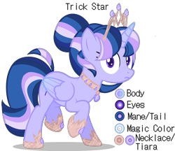 Size: 3000x2593 | Tagged: safe, artist:choisky13, imported from derpibooru, oc, oc:trick star, alicorn, pony, crown, female, jewelry, magic, magical lesbian spawn, mare, offspring, parent:starlight glimmer, parent:trixie, parents:startrix, reference sheet, regalia, simple background, solo, transparent background