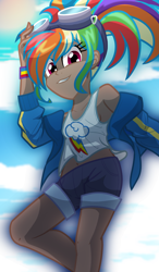 Size: 1400x2400 | Tagged: safe, artist:geraritydevillefort, imported from derpibooru, kotobukiya, rainbow dash, human, equestria girls, belly button, clothes, dark skin, female, goggles, humanized, kotobukiya rainbow dash, looking at you, midriff, shorts, solo