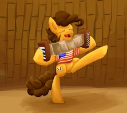 Size: 1280x1140 | Tagged: safe, artist:khaki-cap, imported from derpibooru, cheese sandwich, earth pony, pony, accordion, american flag, clothes, dancing, funny, male, musical instrument, please don't nuke us north korea, puffy mane, shirt, silly, singing, solo, song, song reference, t-shirt, usa flag, weird al cheese sandwich, weird al yankovic