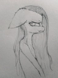 Size: 1560x2080 | Tagged: safe, artist:kamikazelenna, imported from derpibooru, pinkie pie, anthro, earth pony, pony, female, grumpy, looking back, mare, monochrome, pinkamena diane pie, side view, solo, traditional art