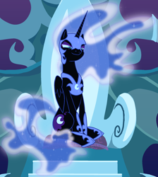 Size: 1660x1854 | Tagged: safe, artist:jakescribbles, edit, imported from derpibooru, nightmare moon, alicorn, pony, the cutie re-mark, alternate timeline, cropped, ethereal mane, evil grin, female, grin, helmet, hoof shoes, nightmare takeover timeline, peytral, sitting, smiling, smug, solo, throne