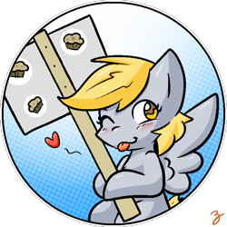 Size: 648x647 | Tagged: safe, artist:zutcha, imported from derpibooru, derpy hooves, pegasus, pony, cute, derpabetes, female, food, heart, mare, muffin, one eye closed, sign, signature, simple background, solo, sticker, tongue out, transparent background, wink