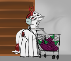 Size: 819x703 | Tagged: safe, artist:queen-razlad, imported from derpibooru, oc, oc only, oc:razlad, cutie mark, eggplant, face mask, food, helix horn, herbivore, horn, looking up, shelf, shopping cart