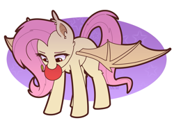 Size: 1843x1308 | Tagged: safe, artist:puetsua, imported from derpibooru, fluttershy, bat pony, pony, abstract background, apple, bat ponified, bat wings, cute, ear fluff, ear tufts, female, flutterbat, food, leg fluff, mane, mare, mouth hold, race swap, shyabates, shyabetes, solo, tail, wings