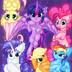 Size: 3000x3000 | Tagged: safe, artist:rurihal, imported from derpibooru, applejack, fluttershy, pinkie pie, rainbow dash, rarity, twilight sparkle, alicorn, earth pony, pegasus, unicorn, abstract background, chest fluff, ear fluff, hoof fluff, mane six, twilight sparkle (alicorn)