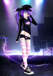 Size: 1410x2000 | Tagged: safe, artist:lexifyrestar, imported from derpibooru, oc, oc:lexi fyrestar, human, belly button, candy, cap, clothes, club, converse, food, gloves, hat, hoodie, humanized, lollipop, midriff, shoes, shorts, socks, stockings, striped socks, thigh highs