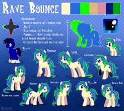 Size: 2048x1842 | Tagged: safe, artist:keyrijgg, imported from derpibooru, oc, oc only, oc:berry cream, oc:ravebounce, earth pony, pony, abstract background, art, blue background, commission, male, pose, reference sheet, stallion