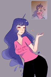 Size: 1901x2840 | Tagged: safe, artist:ampbatross, imported from derpibooru, princess luna, human, /mlp/, 4chan, blowing a kiss, clothes, colored, cute, digital art, drawthread, dream girl, female, horn, horned humanization, humanized, new version, pun, redraw, shirt, solo, t-shirt