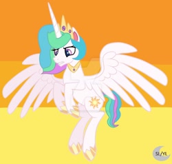 Size: 1920x1826 | Tagged: safe, artist:celestiaisbestponyyt, artist:princesslunayay, imported from derpibooru, princess celestia, alicorn, pony, my little pony: pony life, base used, deviantart watermark, female, flying, g4, g4.5, g4.5 to g4, logo, mare, obtrusive watermark, simple background, solo, watermark