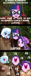 Size: 500x1207 | Tagged: safe, imported from derpibooru, sci-twi, starlight glimmer, trixie, twilight sparkle, equestria girls, george of the jungle, spanish, translation request