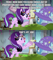 Size: 2000x2251 | Tagged: safe, edit, edited screencap, imported from derpibooru, screencap, starlight glimmer, trixie, pony, unicorn, a horse shoe-in, angry, burnt mane, cape, caption, clothes, dirty, duo, female, hat, hypocrisy, hypocrite, image macro, impact font, mare, meme, messy mane, open mouth, raised hoof, school, scorched, text, trixie's cape, trixie's hat