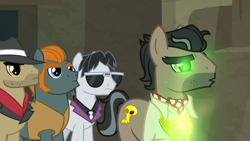 Size: 1920x1080 | Tagged: safe, imported from derpibooru, screencap, biff, doctor caballeron, rogue (character), withers, earth pony, pony, daring doubt, glow, glowing, glowing eyes, henchmen, male, rogue (g4), stallion, truth talisman