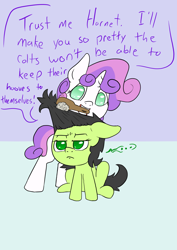 Size: 1000x1414 | Tagged: safe, artist:happy harvey, imported from derpibooru, sweetie belle, oc, oc:filly anon, earth pony, ..., annoyed, blank flank, brushing, brushing mane, colored pupils, drawn on phone, female, filly, implied shipping, makeover, phone drawing