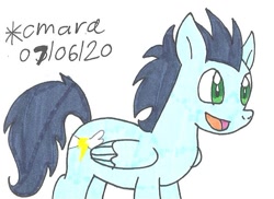 Size: 794x579 | Tagged: safe, artist:cmara, imported from derpibooru, soarin', pegasus, pony, backwards cutie mark, happy, male, old cutie mark, open mouth, simple background, smiling, solo, stallion, traditional art, white background