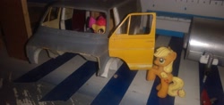 Size: 3264x1546 | Tagged: safe, imported from derpibooru, apple bloom, applejack, blind bag, car jack, everfree customs, female, garage, irl, photo, toy, trailer, van, workbench