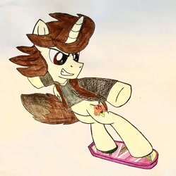 Size: 3015x3024 | Tagged: safe, artist:ejlightning007arts, imported from derpibooru, oc, oc only, oc:ej, alicorn, alicorn oc, back to the future, clothes, horn, hoverboard, jacket, male, shirt, stallion, traditional art, wavy mane, wings