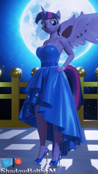 Size: 2160x3840 | Tagged: safe, artist:shadowboltsfm, imported from derpibooru, twilight sparkle, alicorn, anthro, plantigrade anthro, 3d, 4k, beautiful, blender, clothes, dress, eyelashes, feet, hand on hip, high heels, looking at you, moon, nail polish, platform heels, shoes, smiling, standing, stiletto heels, toenail polish, twilight sparkle (alicorn), wings