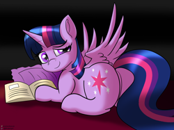 Size: 2234x1672 | Tagged: safe, artist:exploretheweb, imported from derpibooru, twilight sparkle, alicorn, pony, book, butt, female, grin, looking at you, looking back, looking back at you, mare, pillow, plot, prone, smiling, solo, spread wings, twibutt, twilight sparkle (alicorn), wings