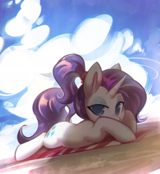 Size: 2001x2170 | Tagged: safe, alternate version, artist:mirroredsea, imported from derpibooru, rarity, pony, unicorn, alternate hairstyle, beach, beach towel, cloud, cute, eyeshadow, female, high res, lidded eyes, looking at you, lying down, makeup, mare, no pupils, ponytail, prone, raribetes, solo