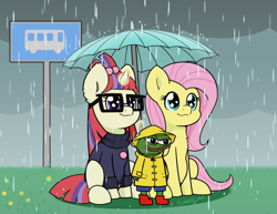 Size: 2500x1928 | Tagged: safe, alternate version, artist:kumakum, imported from derpibooru, fluttershy, moondancer, frog, pegasus, pony, unicorn, apu apujasta, bus stop, chest fluff, clothes, cute, duo, ear fluff, female, folded wings, friendshipping, glowing horn, horn, magic, mare, mouth hold, outdoors, pepe the frog, rain, raised hoof, shyabetes, sitting, smiling, sweater, telekinesis, umbrella, wings