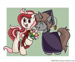 Size: 1280x1048 | Tagged: safe, artist:redpalette, imported from derpibooru, oc, oc:eclipse shade, oc:red palette, unicorn, bouquet, cute, female, flower, graduation, graduation cap, hat, horn, male, mare, stallion, unicorn oc