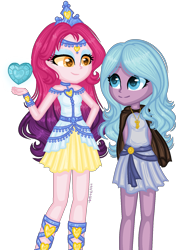 Size: 1200x1624 | Tagged: safe, artist:fantarianna, idw, imported from derpibooru, princess amore, radiant hope, human, equestria girls, bracelet, cape, clothes, crown, crystal heart, dress, duo, duo female, equestria girls-ified, female, gradient hair, gradient mane, hands behind back, jewelry, looking at each other, necklace, regalia, simple background, transparent background