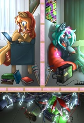 Size: 1920x2824 | Tagged: safe, artist:ravvij, imported from derpibooru, oc, oc:peanut bucker, oc:proxy server, oc:wandering sunrise, earth pony, pony, book, chair, commission, computer, curtains, cute, electricity, electricute, electrocution, female, floor, freckles, funny, gem, gemstones, hooves, impractical, insulation, laptop computer, light, magic, mane, mare, painting, pipbuck, poster, promotional art, room, shock, trotcon, vent, wall, wires