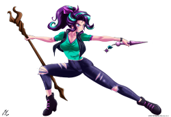 Size: 5000x3428 | Tagged: safe, artist:mauroz, imported from derpibooru, starlight glimmer, human, alternate hairstyle, anime, breasts, grin, horn wand, humanized, rainbow, ripped pants, simple background, smiling, solo, staff, staff of sameness, torn pants, transparent background