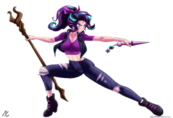 Size: 5000x3428 | Tagged: safe, alternate version, artist:mauroz, imported from derpibooru, starlight glimmer, human, alternate hairstyle, anime, breasts, grin, horn wand, humanized, rainbow, ripped pants, simple background, smiling, solo, staff, staff of sameness, torn pants, transparent background