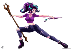 Size: 5000x3428 | Tagged: safe, alternate version, artist:mauroz, imported from derpibooru, starlight glimmer, human, alternate hairstyle, anime, breasts, grin, horn wand, humanized, rainbow, ripped pants, simple background, smiling, solo, staff, staff of sameness, torn pants, transparent background