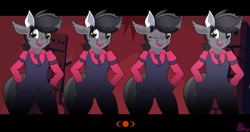 Size: 6808x3600 | Tagged: safe, artist:looooofa, imported from derpibooru, oc, oc:grey matter, anthro, pony, blinking, cerberus (helltaker), clothes, cosplay, costume, dancing, ear fluff, helltaker, one eye closed, simple background, wink