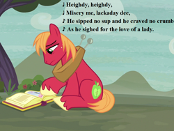 Size: 960x720 | Tagged: safe, edit, edited screencap, imported from derpibooru, screencap, big macintosh, hard to say anything, book, cropped, gilbert and sullivan, i have a song to sing o, lyrics, our town, sad, song reference, text, the yeomen of the guard, tree