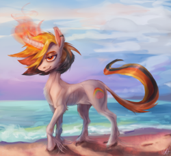 Size: 1723x1577 | Tagged: safe, anonymous artist, imported from derpibooru, oc, oc only, oc:majuvelliy, pony, unicorn, beach, female, gift art, mare, solo