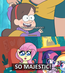 Size: 1280x1440 | Tagged: safe, edit, edited screencap, imported from derpibooru, screencap, fluttershy, rainbow dash, twilight sparkle, alicorn, pegasus, pony, my little pony: pony life, spoiler:pony life s01e09, bighoof walking, caption, comparison, g4.5, gravity falls, mabel pines, obligatory pony, so majestic!, subtitles, text